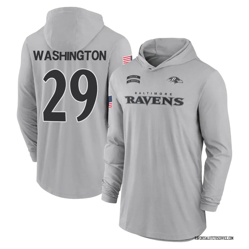 Men's Ar'Darius Washington Baltimore Ravens Gray 2024 Salute to Service Lightweight Performance Long Sleeve Hooded T-Shirt