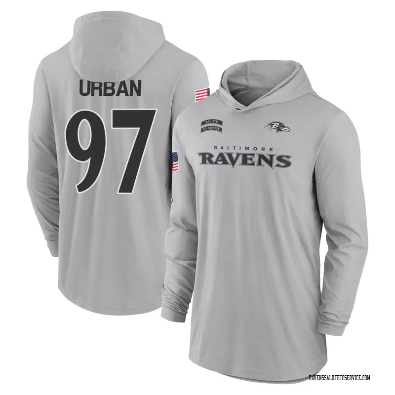 Men's Brent Urban Baltimore Ravens Gray 2024 Salute to Service Lightweight Performance Long Sleeve Hooded T-Shirt