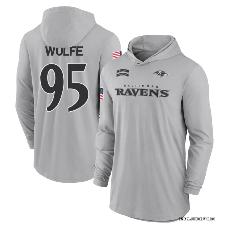 Men's Derek Wolfe Baltimore Ravens Gray 2024 Salute to Service Lightweight Performance Long Sleeve Hooded T-Shirt