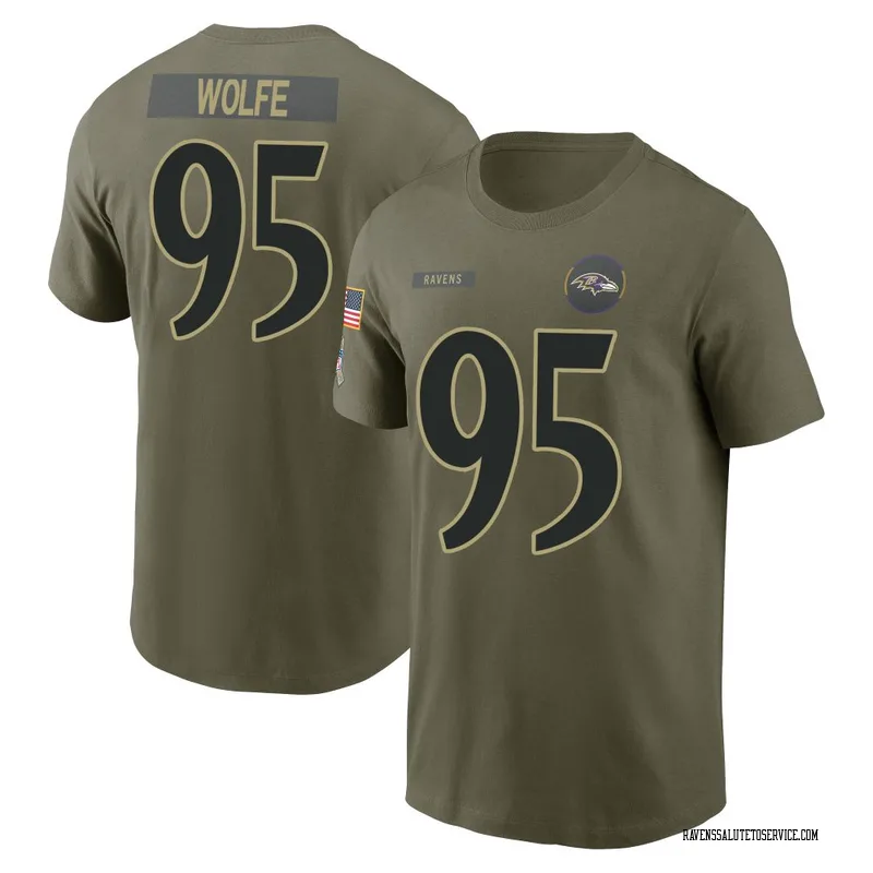 Men's Derek Wolfe Baltimore Ravens Olive 2025 Salute to Service Name & Number T-Shirt