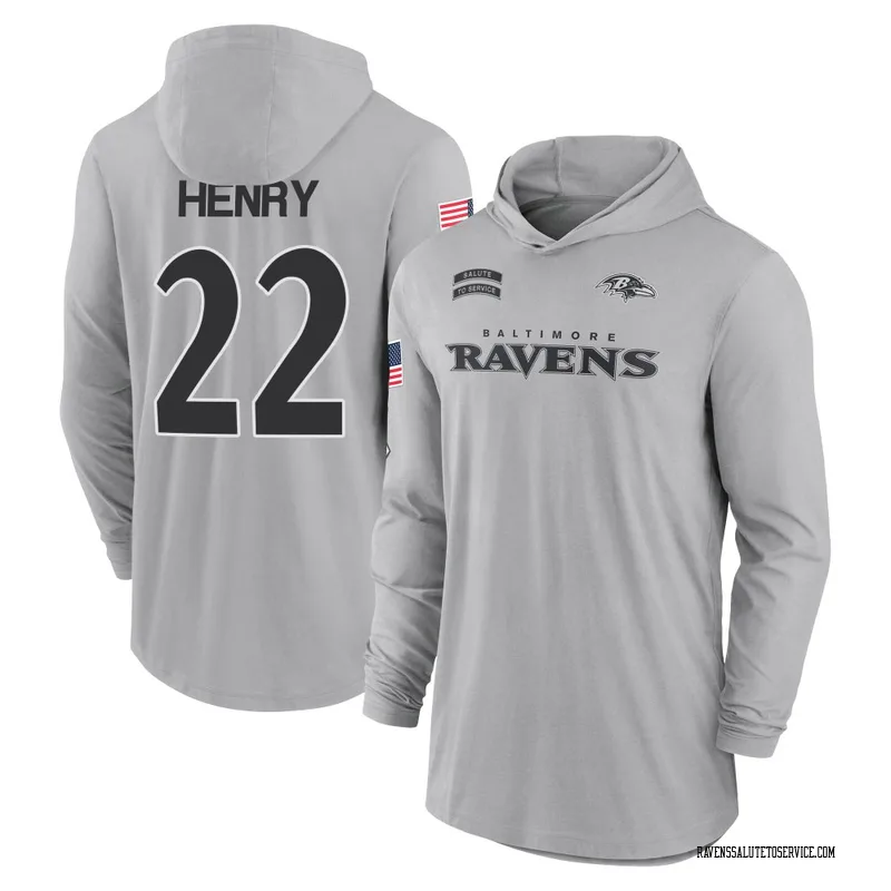 Men's Derrick Henry Baltimore Ravens Gray 2024 Salute to Service Lightweight Performance Long Sleeve Hooded T-Shirt