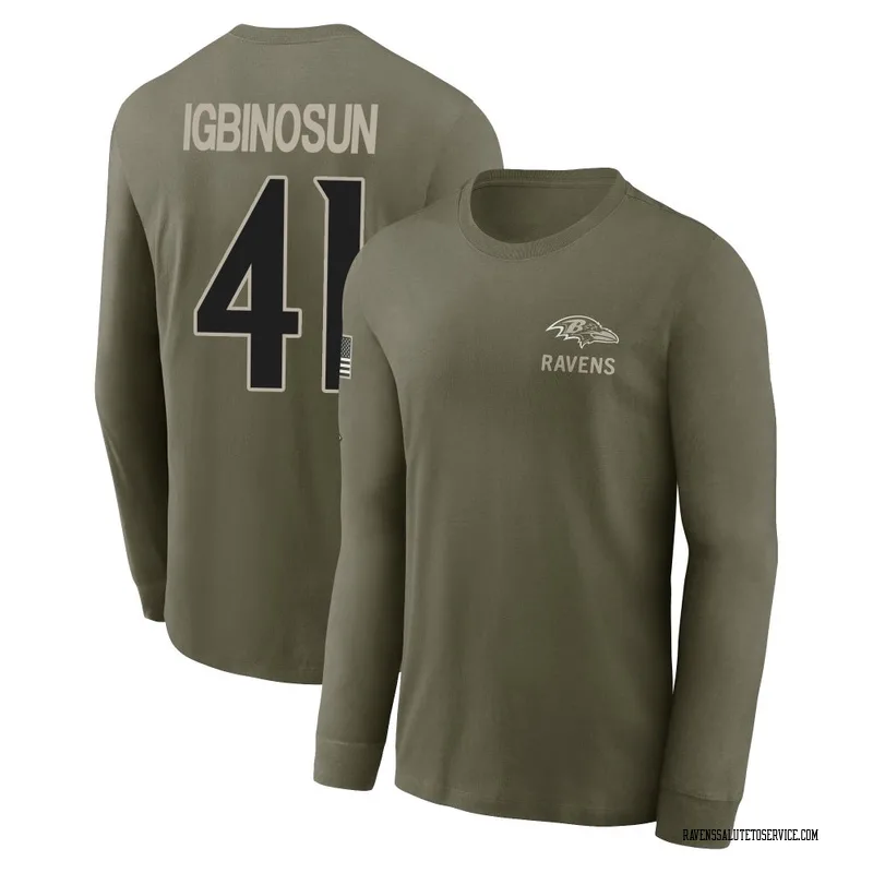 Men's Desmond Igbinosun Baltimore Ravens Olive 2025 Salute to Service Sideline Long Sleeve T-Shirt