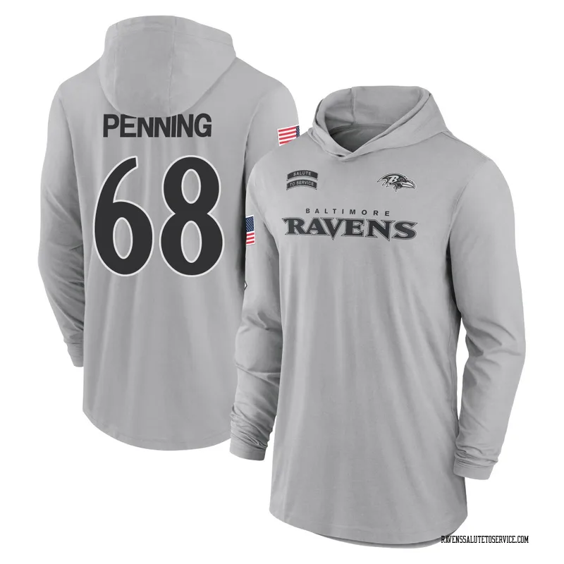 Men's Jared Penning Baltimore Ravens Gray 2024 Salute to Service Lightweight Performance Long Sleeve Hooded T-Shirt