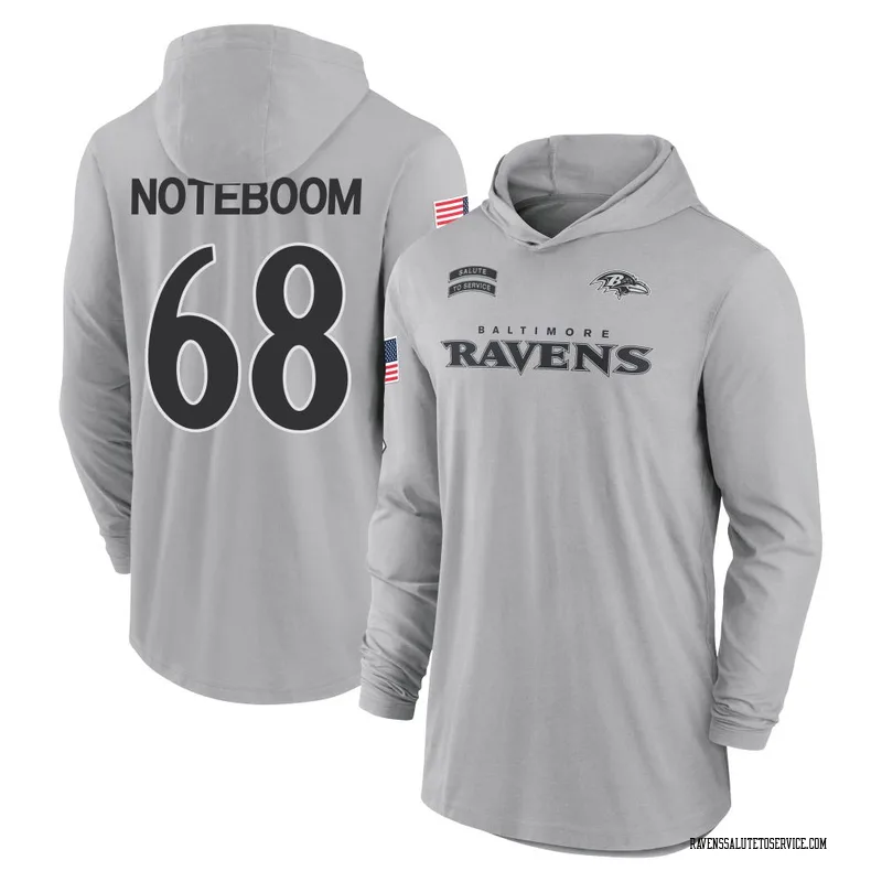 Men's Joe Noteboom Baltimore Ravens Gray 2024 Salute to Service Lightweight Performance Long Sleeve Hooded T-Shirt