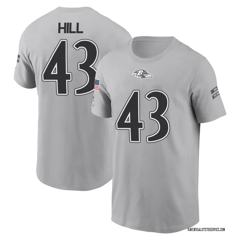 Men's Justice Hill Baltimore Ravens Gray 2024 Salute to Service Name & Number T-Shirt