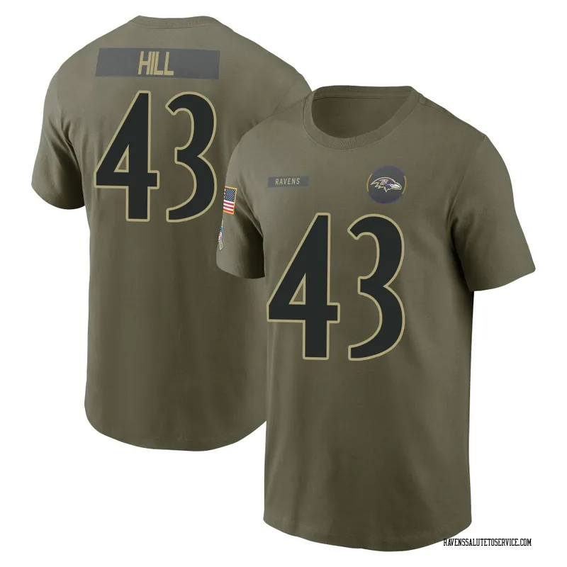Men's Justice Hill Baltimore Ravens Olive 2025 Salute to Service Name & Number T-Shirt