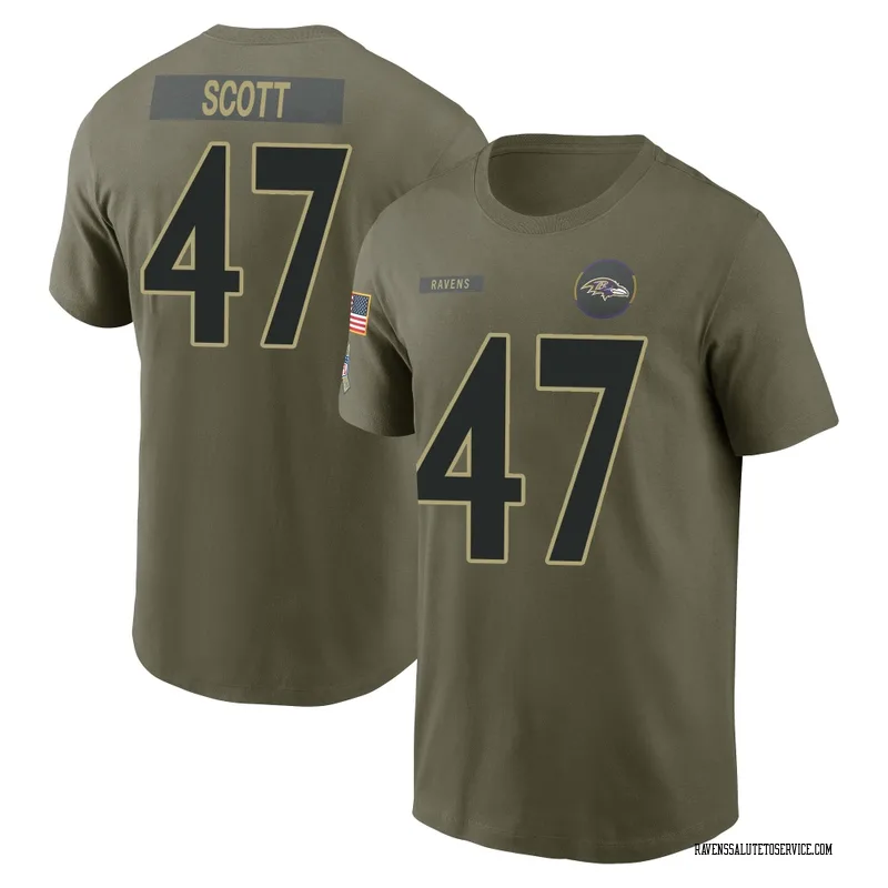 Men's Lucas Scott Baltimore Ravens Olive 2025 Salute to Service Name & Number T-Shirt