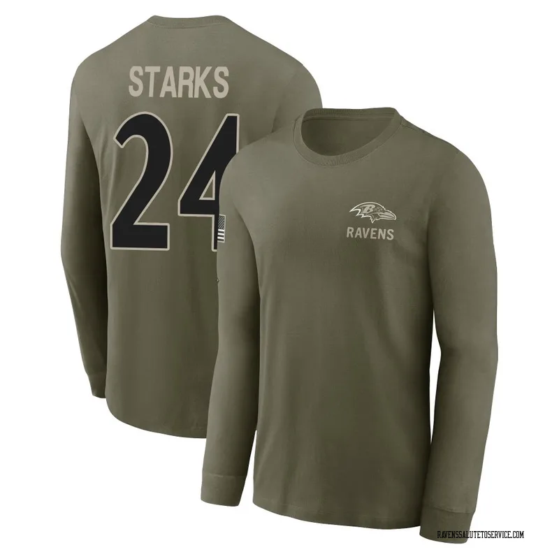 Men's Malaki Starks Baltimore Ravens Olive 2025 Salute to Service Sideline Long Sleeve T-Shirt