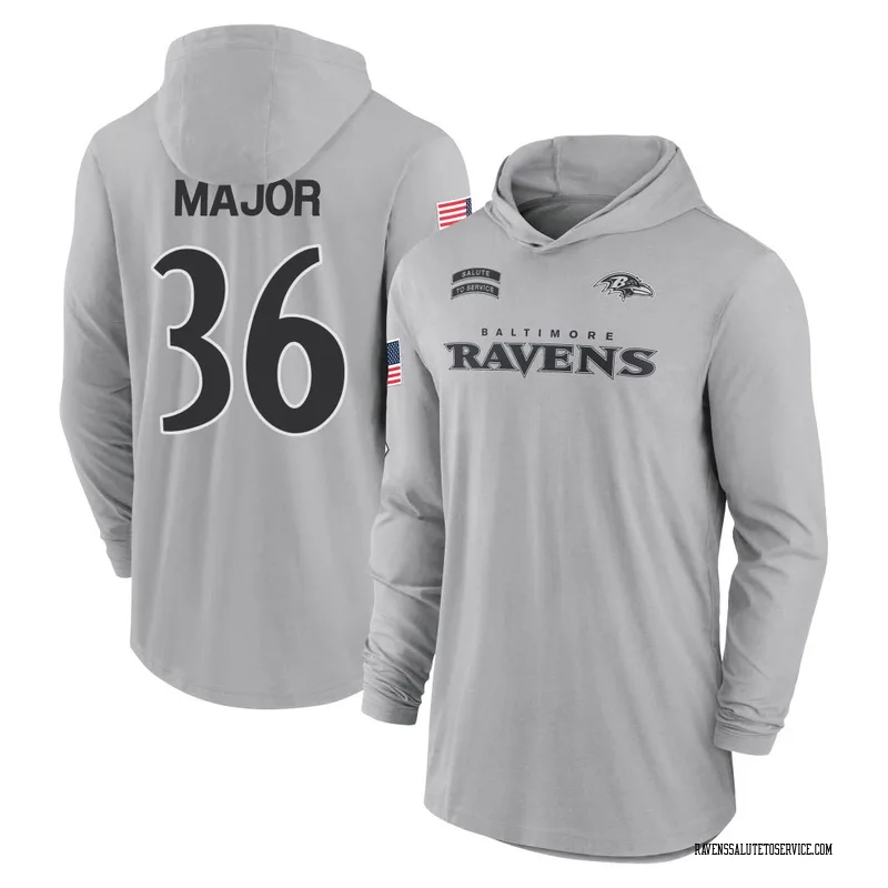 Men's Marcus Major Baltimore Ravens Gray 2024 Salute to Service Lightweight Performance Long Sleeve Hooded T-Shirt