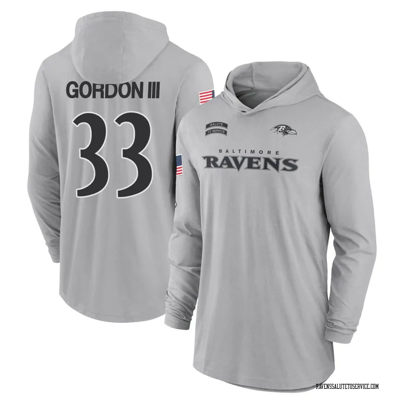 Men's Melvin Gordon III Baltimore Ravens Gray 2024 Salute to Service Lightweight Performance Long Sleeve Hooded T-Shirt