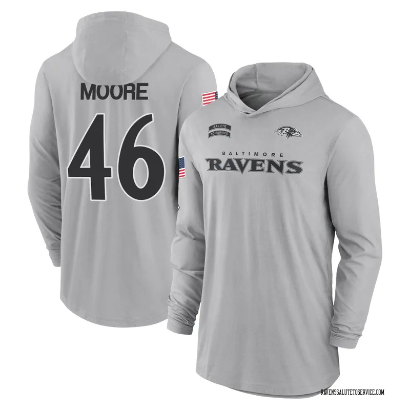 Men's Nick Moore Baltimore Ravens Gray 2024 Salute to Service Lightweight Performance Long Sleeve Hooded T-Shirt