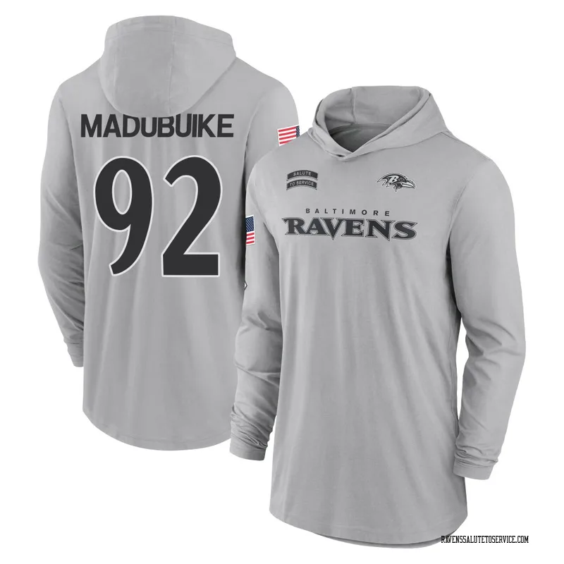 Men's Nnamdi Madubuike Baltimore Ravens Gray 2024 Salute to Service Lightweight Performance Long Sleeve Hooded T-Shirt