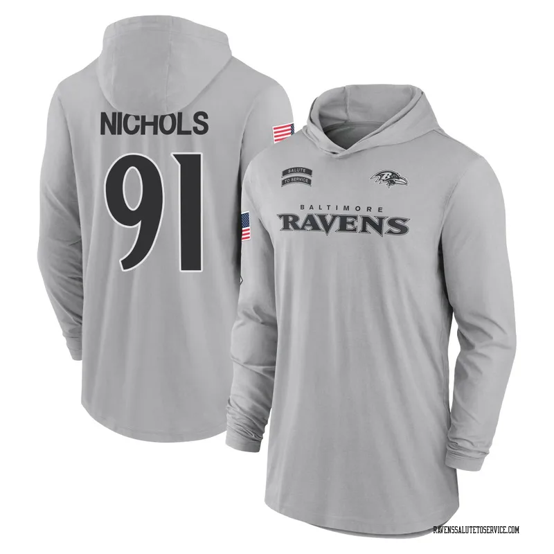 Men's Rayshad Nichols Baltimore Ravens Gray 2024 Salute to Service Lightweight Performance Long Sleeve Hooded T-Shirt
