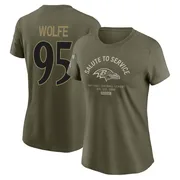 Women's Derek Wolfe Baltimore Ravens Olive 2025 Salute to Service Sideline T-Shirt