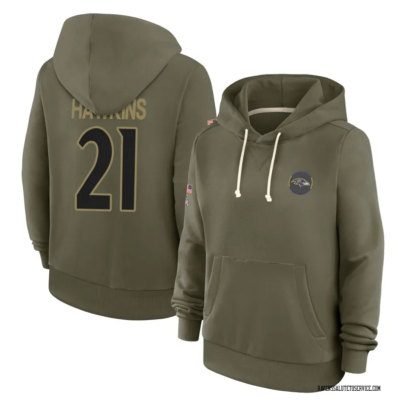 Women's Jaylinn Hawkins Baltimore Ravens Olive 2025 Salute to Service Hoodie