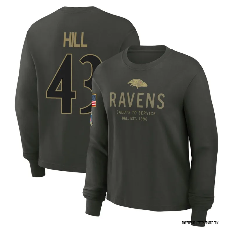 Women's Justice Hill Baltimore Ravens Green Dark/ 2025 Salute to Service Sideline Long Sleeve T-Shirt