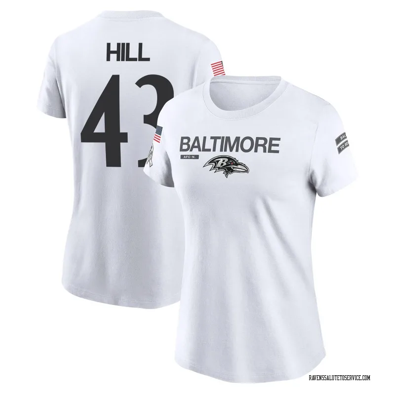 Women's Justice Hill Baltimore Ravens Legend White 2024 Salute to Service Performance T-Shirt