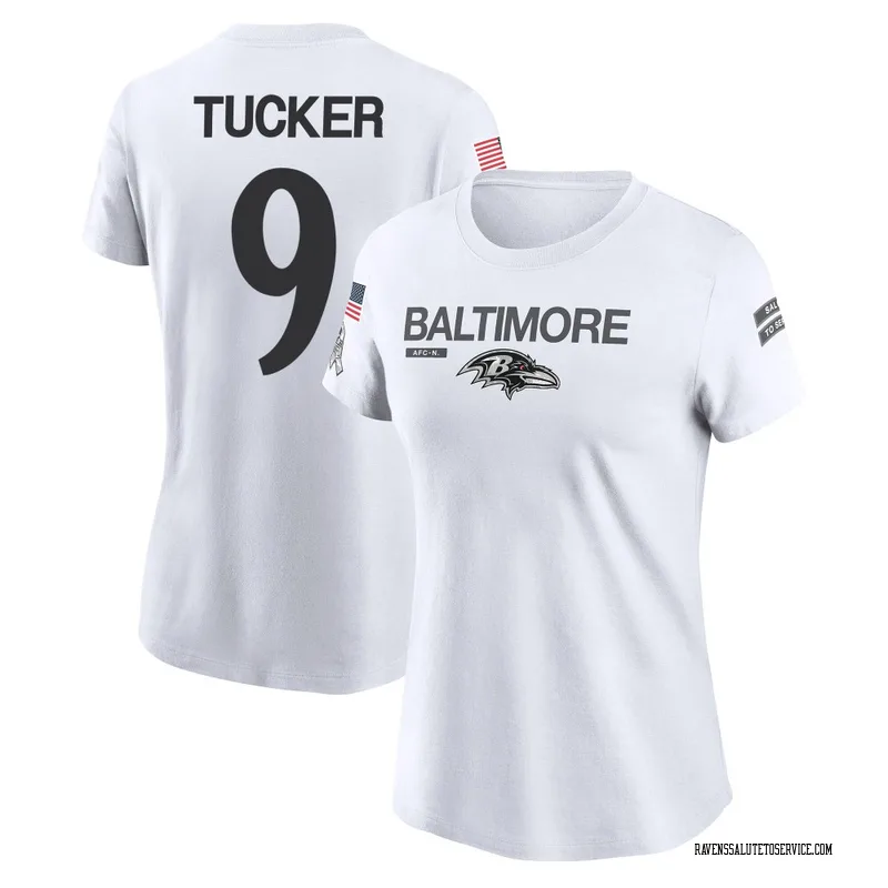 Women's Justin Tucker Baltimore Ravens Legend White 2024 Salute to Service Performance T-Shirt