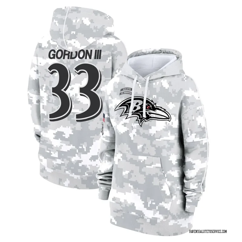 Women's Melvin Gordon III Baltimore Ravens Camo Arctic 2024 Salute to Service Club Fleece Pullover Hoodie