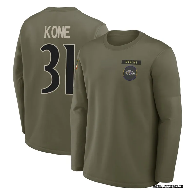 Youth Bilhal Kone Baltimore Ravens Olive 2025 Salute to Service Sideline Coaches Long Sleeve T-Shirt