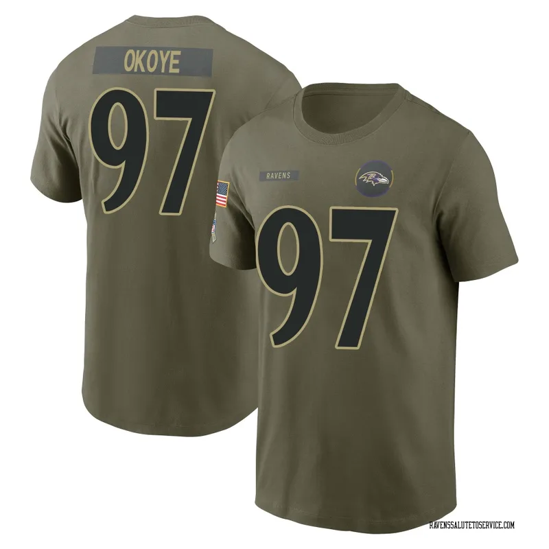 Youth CJ Okoye Baltimore Ravens Olive 2025 Salute to Service Name & Number T-Shirt