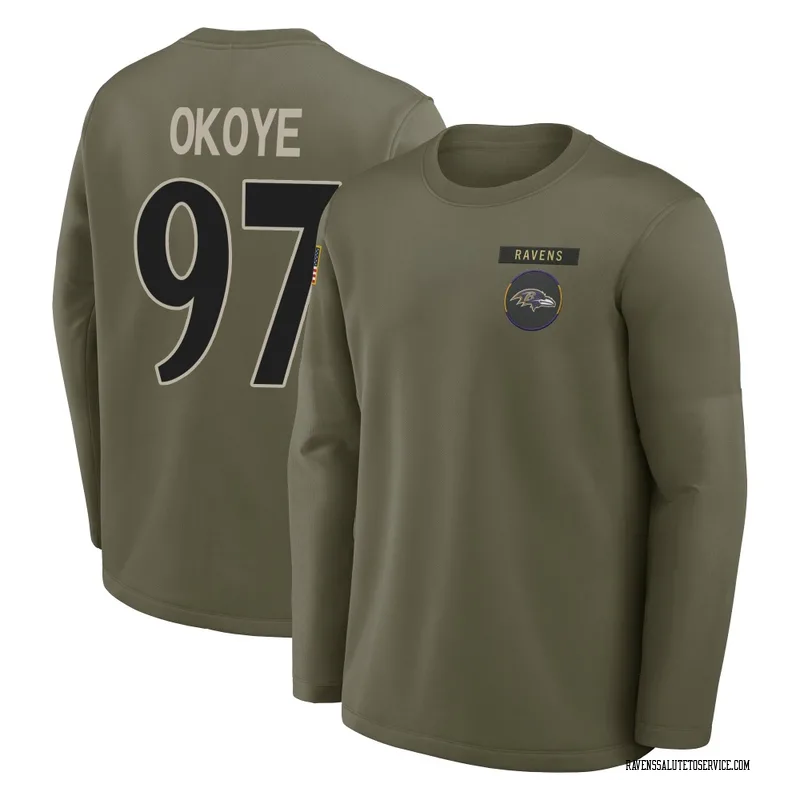 Youth CJ Okoye Baltimore Ravens Olive 2025 Salute to Service Sideline Coaches Long Sleeve T-Shirt