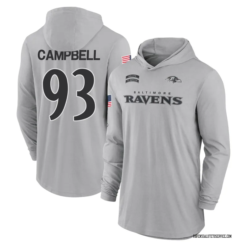 Youth Calais Campbell Baltimore Ravens Gray 2024 Salute to Service Lightweight Performance Long Sleeve Hooded T-Shirt