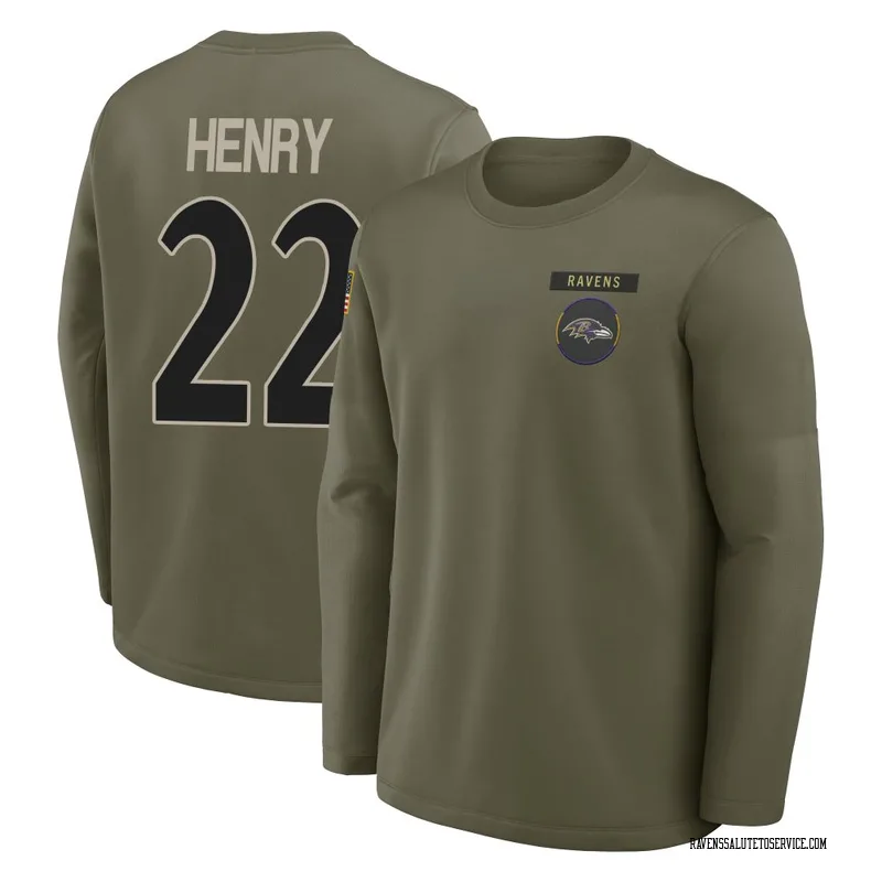 Youth Derrick Henry Baltimore Ravens Olive 2025 Salute to Service Sideline Coaches Long Sleeve T-Shirt