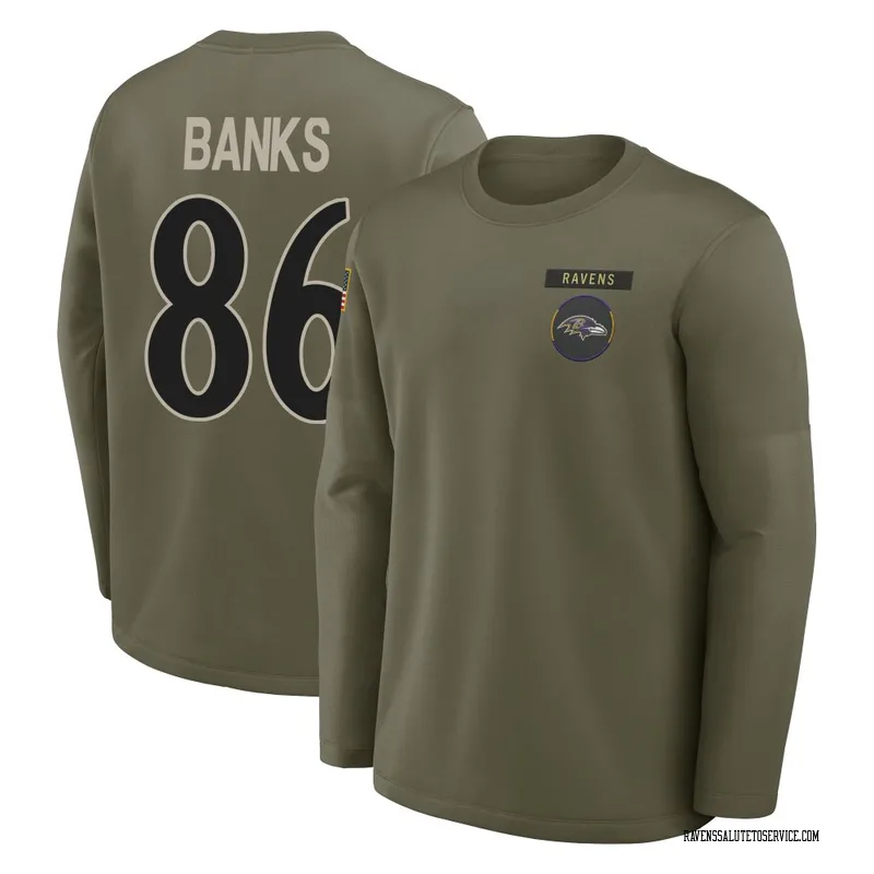 Youth Jahmal Banks Baltimore Ravens Olive 2025 Salute to Service Sideline Coaches Long Sleeve T-Shirt