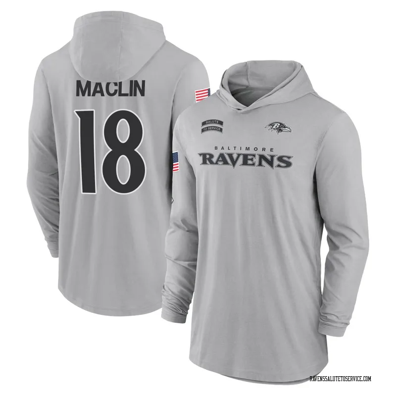 Youth Jeremy Maclin Baltimore Ravens Gray 2024 Salute to Service Lightweight Performance Long Sleeve Hooded T-Shirt