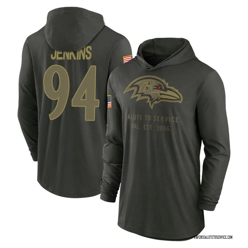 Youth John Jenkins Baltimore Ravens Green Forest/ 2025 Salute to Service Sideline Lightweight Hooded Pullover Long Sleeve T-Shir