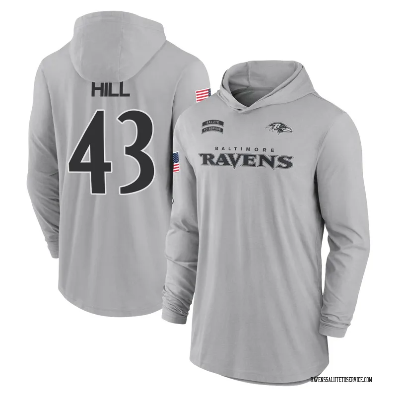 Youth Justice Hill Baltimore Ravens Gray 2024 Salute to Service Lightweight Performance Long Sleeve Hooded T-Shirt