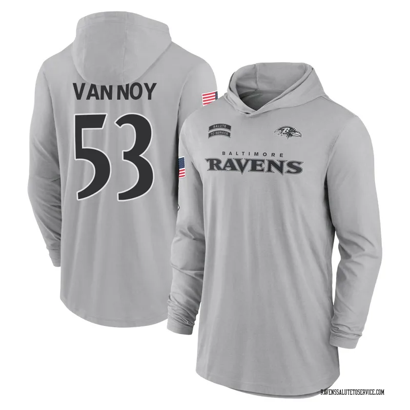 Youth Kyle Van Noy Baltimore Ravens Gray 2024 Salute to Service Lightweight Performance Long Sleeve Hooded T-Shirt