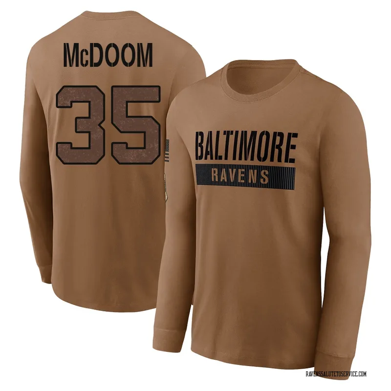 Youth Matthew McDoom Baltimore Ravens Brown / 2023 Salute To Service Long Sleeve T-Shirt