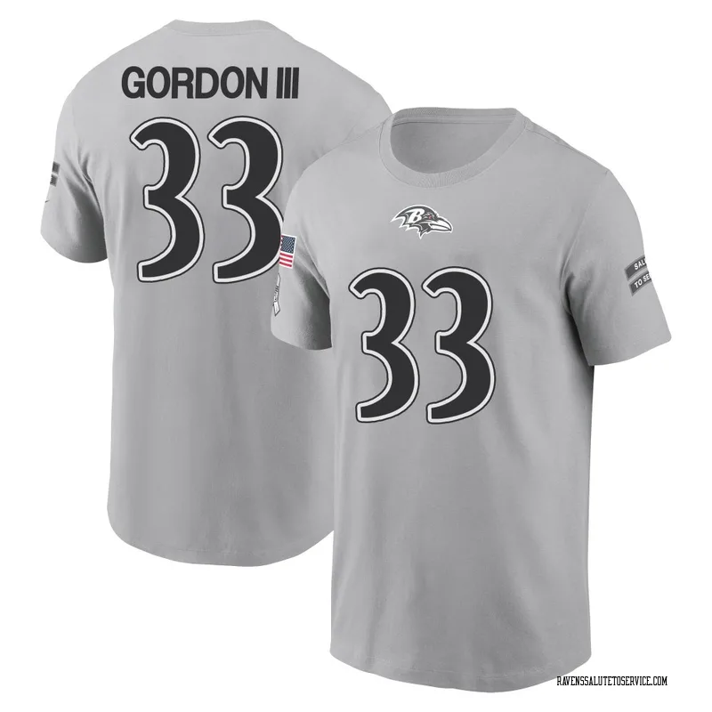 Youth Melvin Gordon III Baltimore Ravens Gray 2024 Salute to Service Name & Number T-Shirt