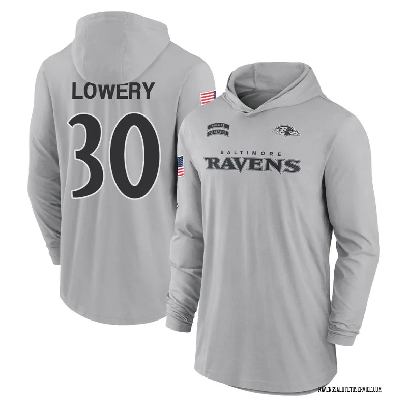 Youth Reuben Lowery Baltimore Ravens Gray 2024 Salute to Service Lightweight Performance Long Sleeve Hooded T-Shirt