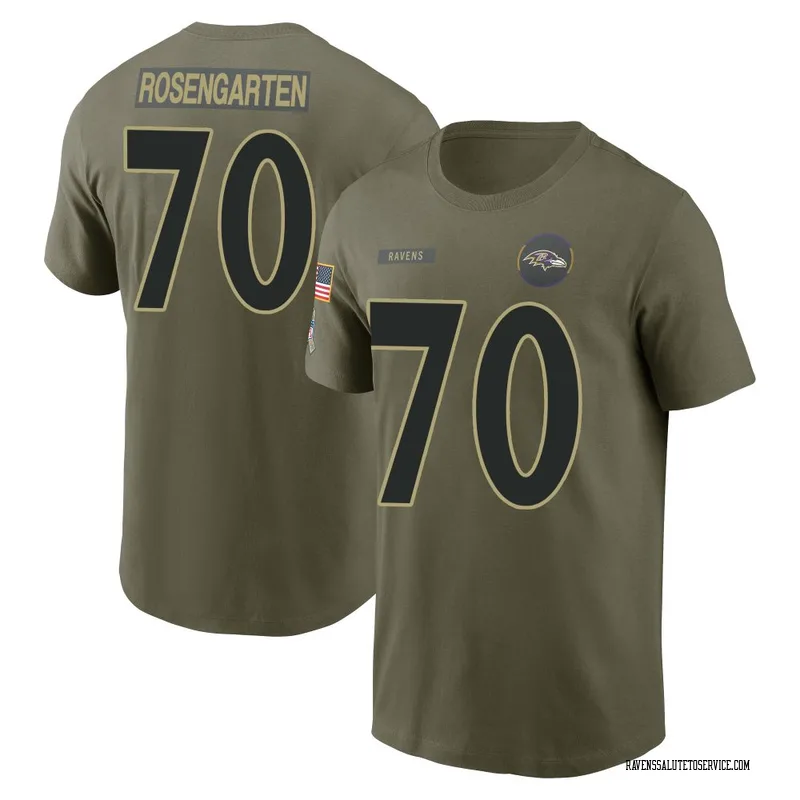 Youth Roger Rosengarten Baltimore Ravens Olive 2025 Salute to Service Name & Number T-Shirt