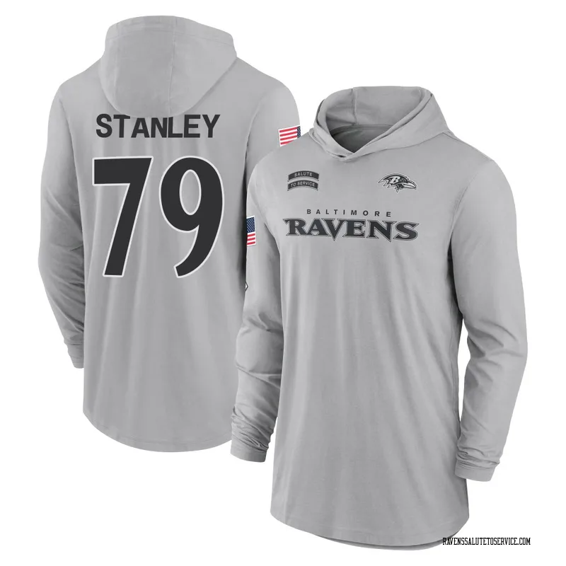 Youth Ronnie Stanley Baltimore Ravens Gray 2024 Salute to Service Lightweight Performance Long Sleeve Hooded T-Shirt