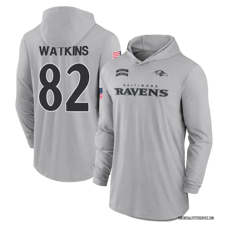 Youth Sammy Watkins Baltimore Ravens Gray 2024 Salute to Service Lightweight Performance Long Sleeve Hooded T-Shirt