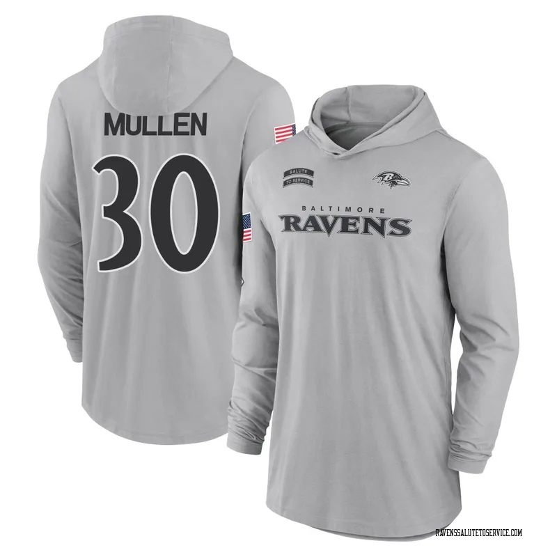 Youth Trayvon Mullen Baltimore Ravens Gray 2024 Salute to Service Lightweight Performance Long Sleeve Hooded T-Shirt